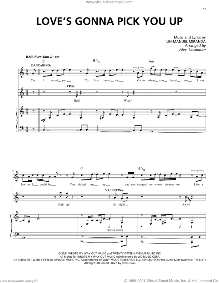Love's Gonna Pick You Up (from Vivo) sheet music for voice and piano by Lin-Manuel Miranda, Alex Lacamoire, Aneesa Folds and Brian Tyree Henry, intermediate skill level