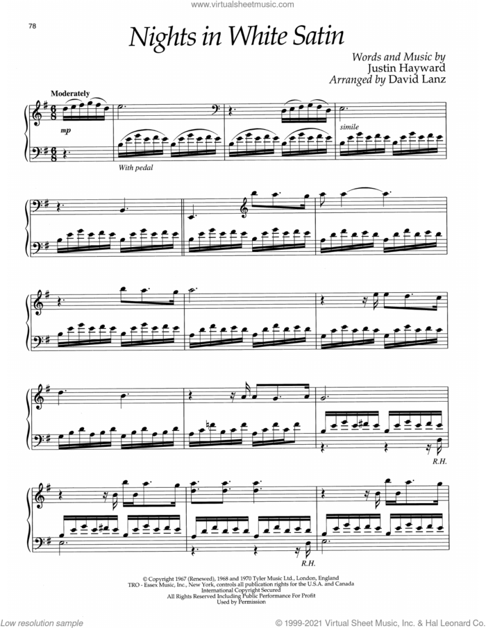 Nights In White Satin (arr. David Lanz) sheet music for piano solo by The Moody Blues, David Lanz and Justin Hayward, intermediate skill level