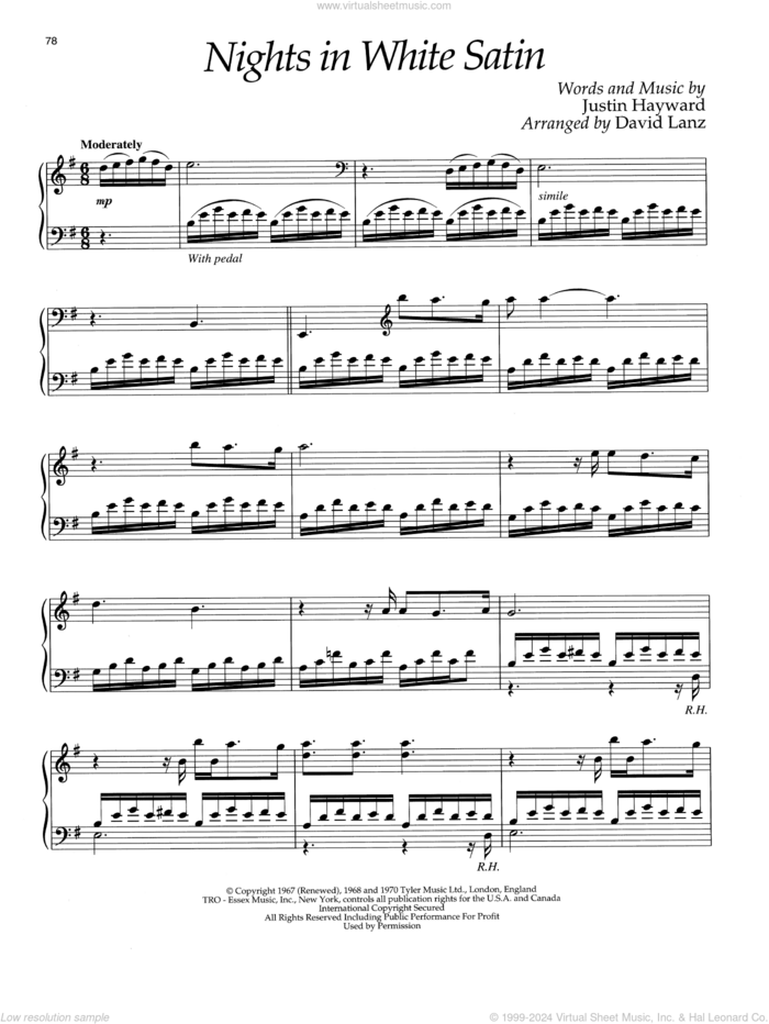 Nights In White Satin (arr. David Lanz) sheet music for piano solo by The Moody Blues, David Lanz and Justin Hayward, intermediate skill level