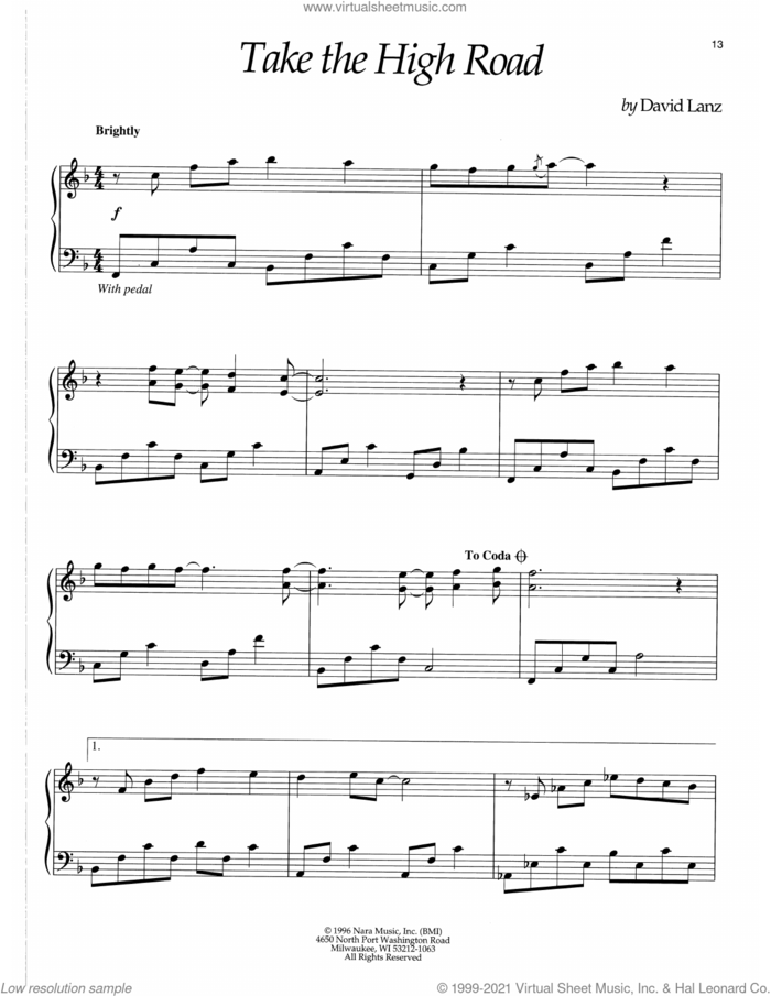 Take The High Road sheet music for piano solo by David Lanz, intermediate skill level