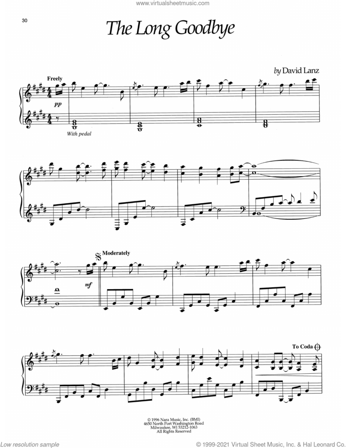 The Long Goodbye sheet music for piano solo by David Lanz, intermediate skill level