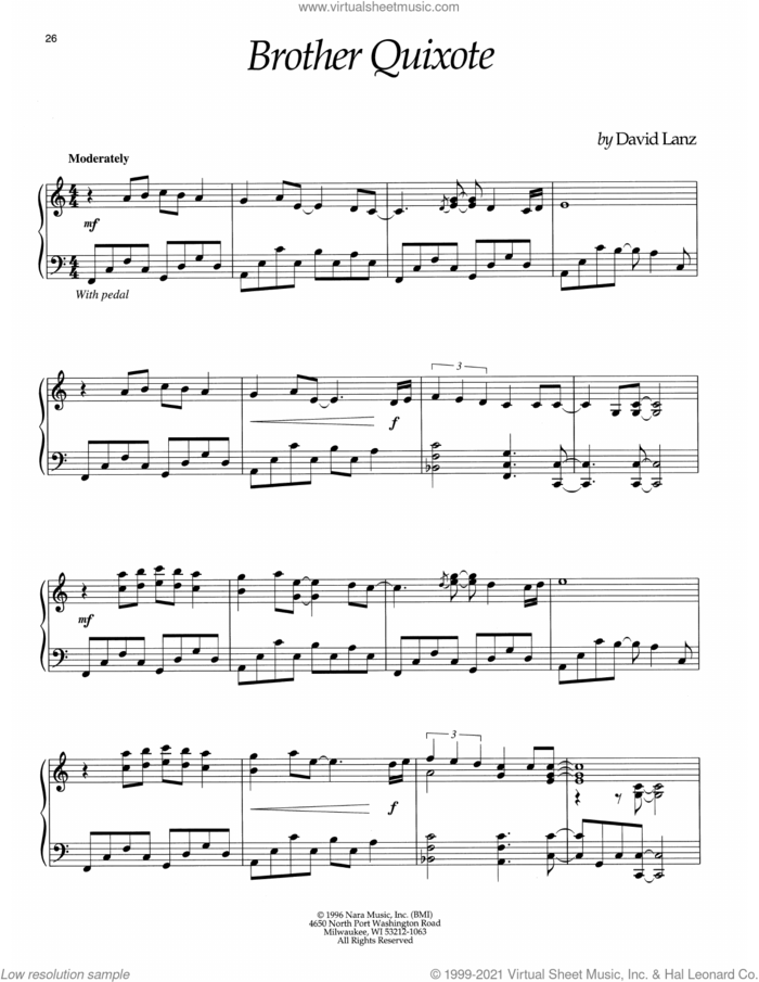 Brother Quixote sheet music for piano solo by David Lanz, intermediate skill level