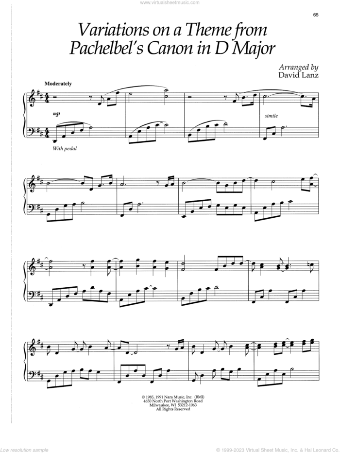 Variations On A Theme From Pachelbel's Canon In D Major sheet music for piano solo by David Lanz, intermediate skill level