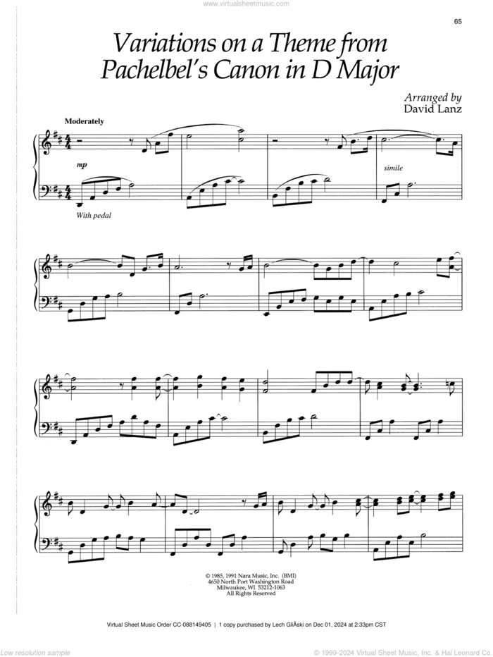 Variations On A Theme From Pachelbel's Canon In D Major sheet music for piano solo by David Lanz, intermediate skill level