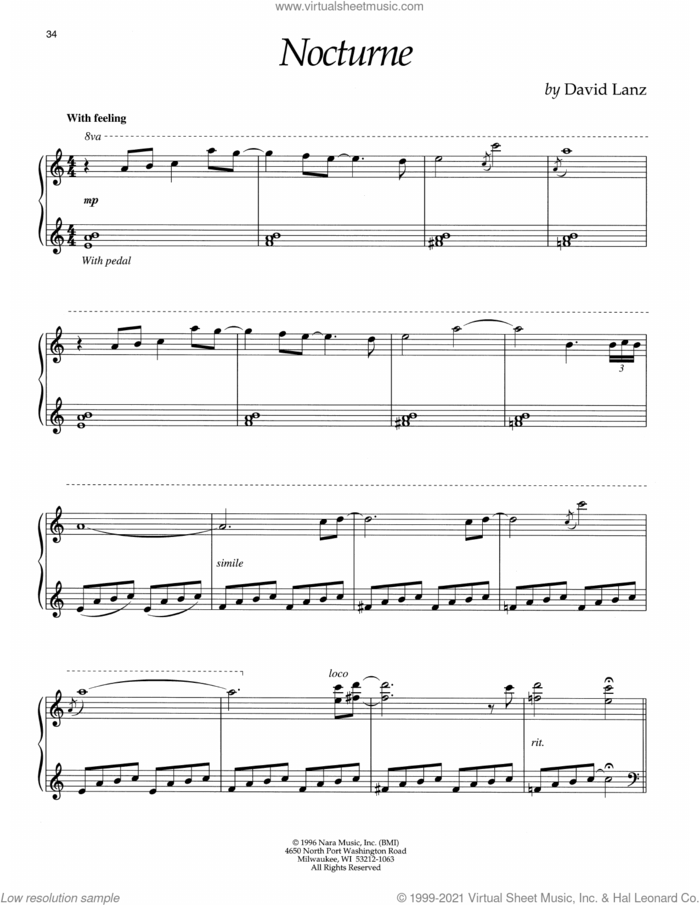 Nocturne sheet music for piano solo by David Lanz, intermediate skill level