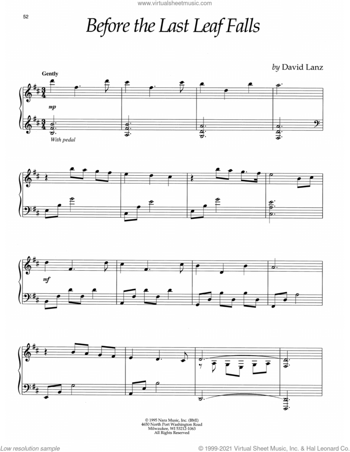 Before The Last Leaf Falls, (intermediate) sheet music for piano solo by David Lanz, intermediate skill level