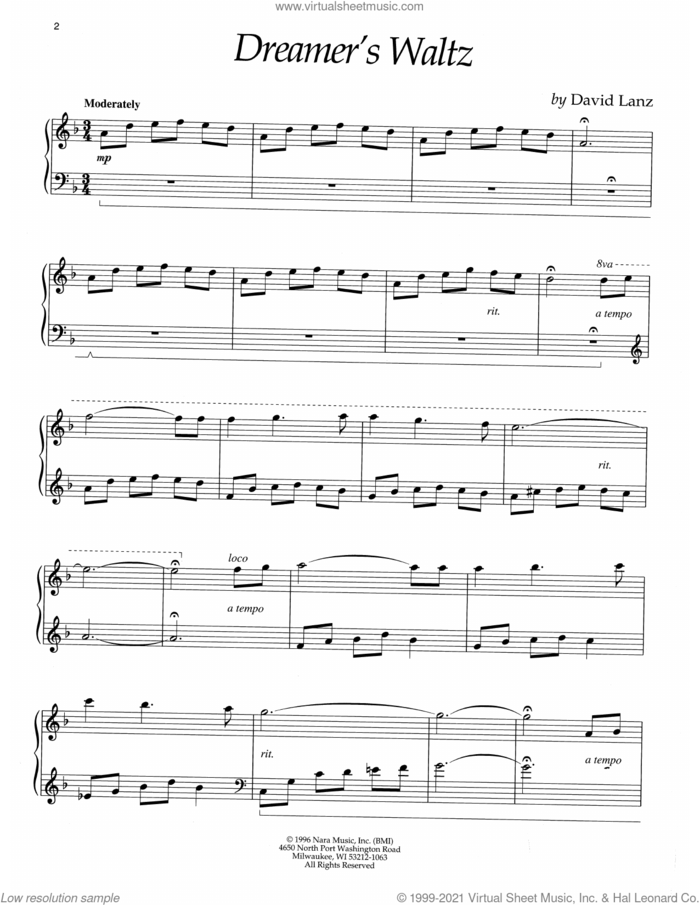 Dreamer's Waltz sheet music for piano solo by David Lanz, intermediate skill level