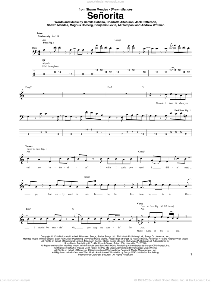 Senorita sheet music for bass (tablature) (bass guitar) by Shawn Mendes & Camila Cabello, Ali Tamposi, Andrew Wotman, Benjamin Levin, Camila Cabello, Charlotte Aitchison, Jack Patterson, Magnus Hoiberg and Shawn Mendes, intermediate skill level