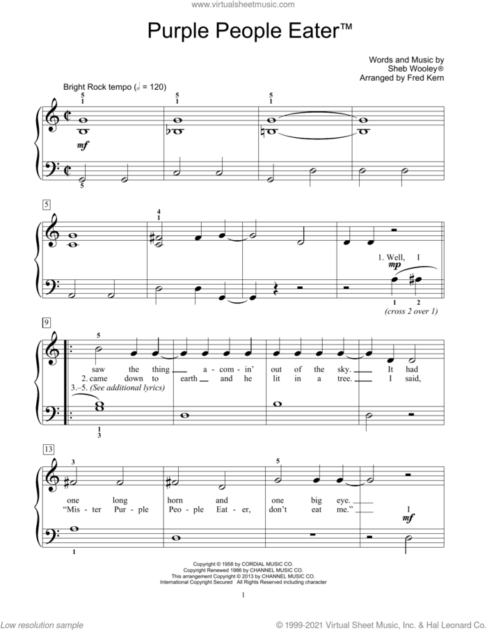 Purple People Eater (arr. Fred Kern) sheet music for piano solo (elementary) by Sheb Wooley and Fred Kern, beginner piano (elementary)