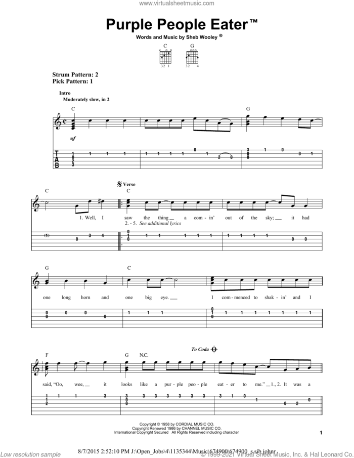 Purple People Eater sheet music for guitar solo (easy tablature) by Sheb Wooley, easy guitar (easy tablature)