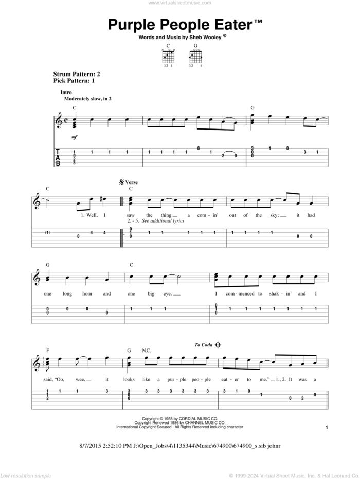 Purple People Eater sheet music for guitar solo (easy tablature) by Sheb Wooley, easy guitar (easy tablature)