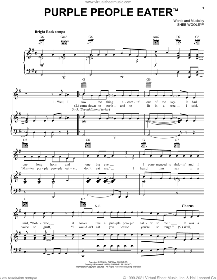Purple People Eater sheet music for voice, piano or guitar by Sheb Wooley, intermediate skill level