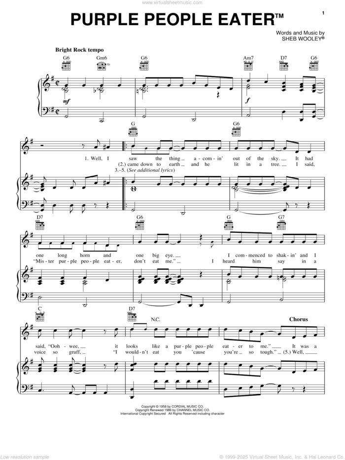 Purple People Eater sheet music for voice, piano or guitar by Sheb Wooley, intermediate skill level