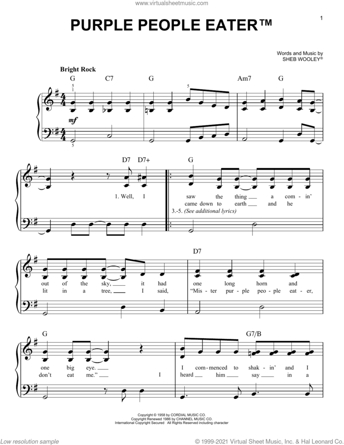 Purple People Eater sheet music for piano solo by Sheb Wooley, easy skill level
