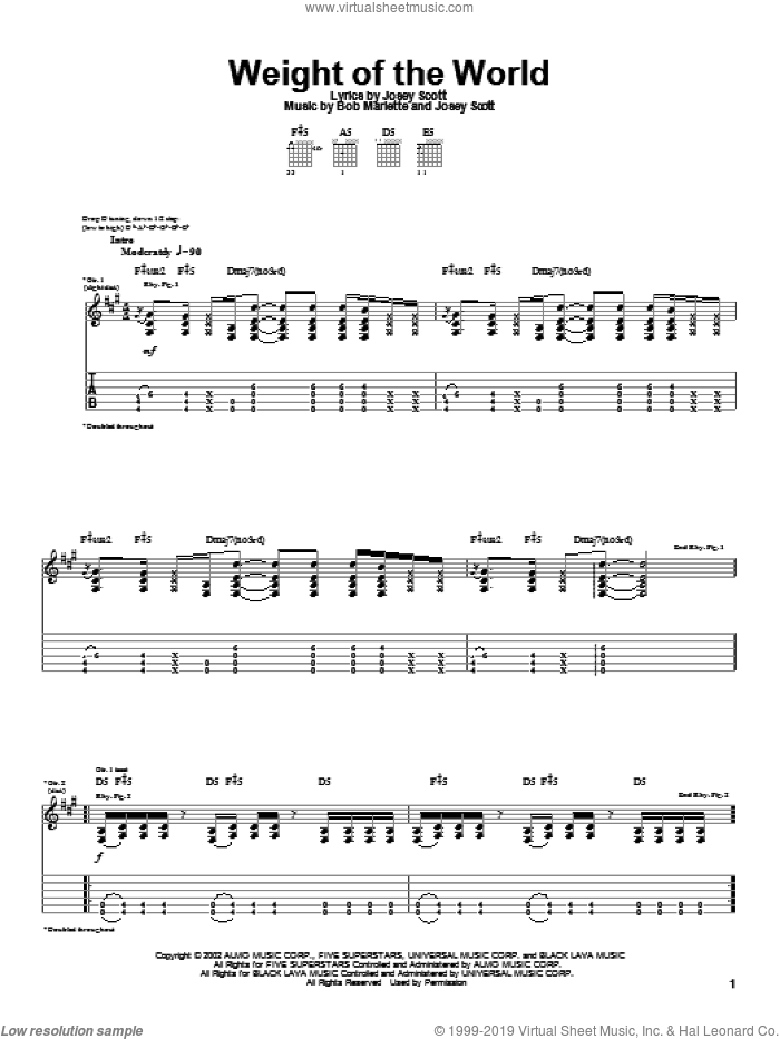Weight Of The World sheet music for guitar (tablature) by Saliva, Bob Marlette and Josey Scott, intermediate skill level