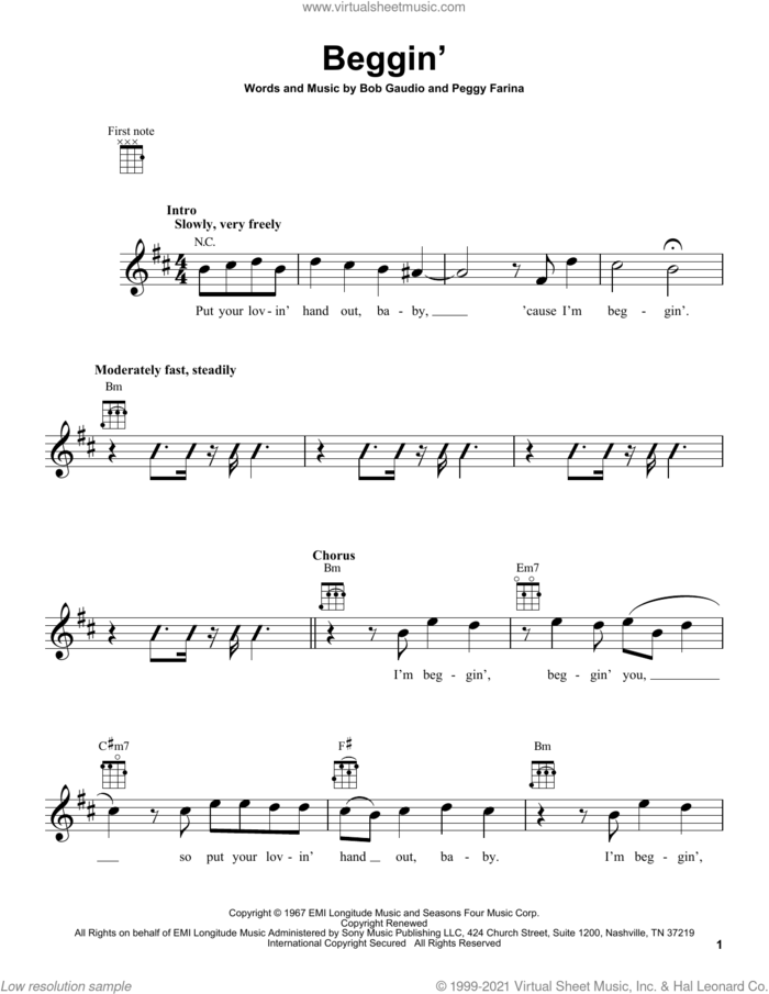 Beggin' sheet music for ukulele by Maneskin, Bob Gaudio and Peggy Farina, intermediate skill level