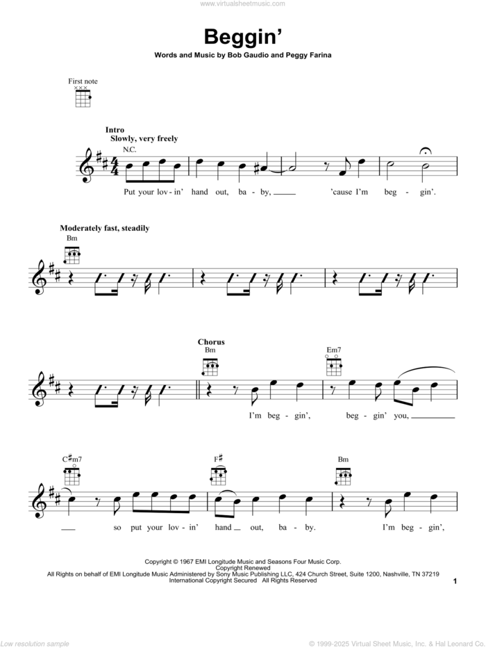 Beggin' sheet music for ukulele by Maneskin, Bob Gaudio and Peggy Farina, intermediate skill level