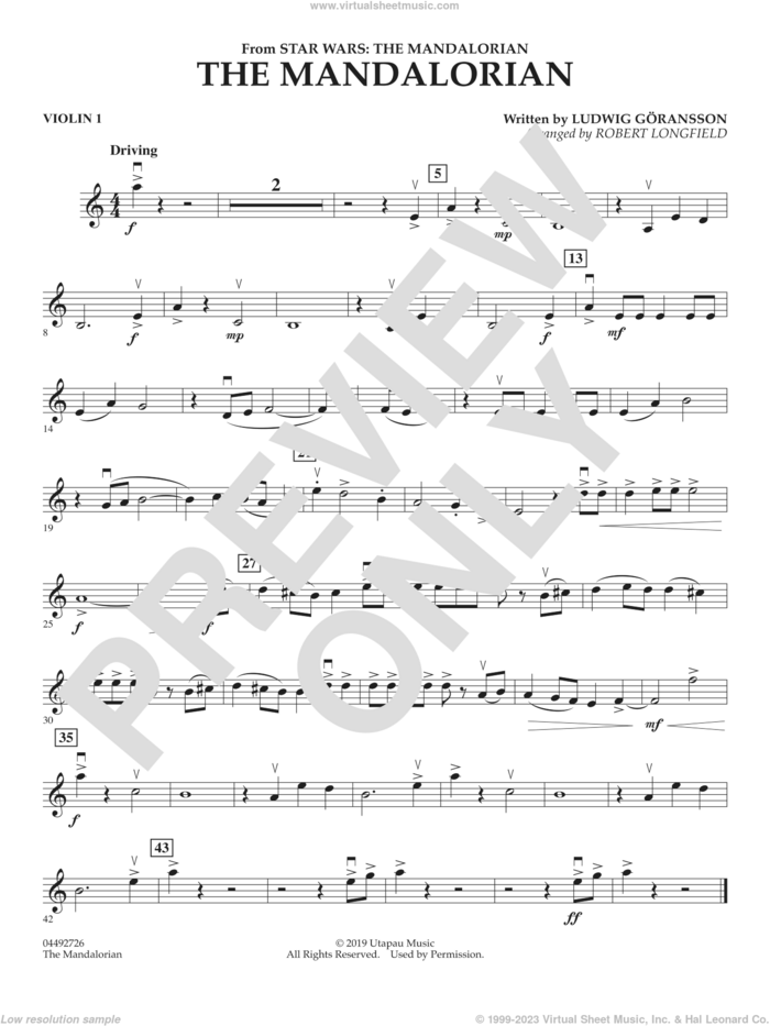 The Mandalorian (from Star Wars: The Mandalorian) (arr. Longfield) sheet music for orchestra (violin 1) by Ludwig Göransson and Robert Longfield, intermediate skill level