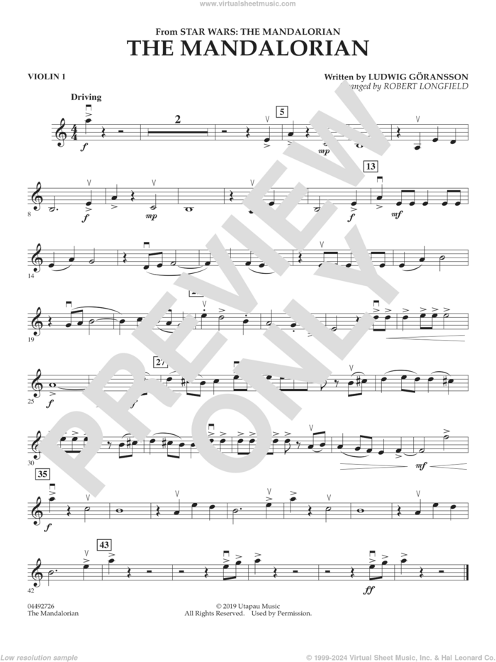 The Mandalorian (from Star Wars: The Mandalorian) (arr. Longfield) sheet music for orchestra (violin 1) by Ludwig Göransson and Robert Longfield, intermediate skill level