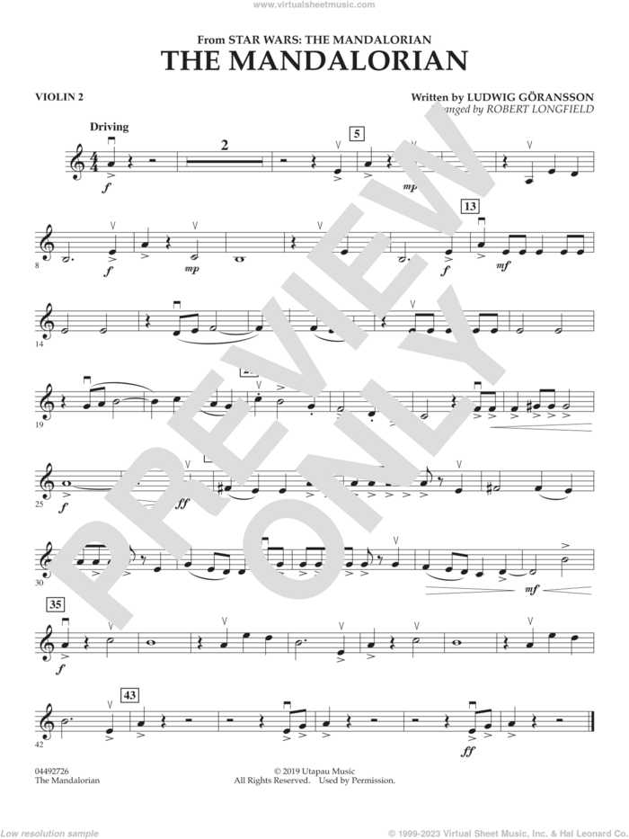 The Mandalorian (from Star Wars: The Mandalorian) (arr. Longfield) sheet music for orchestra (violin 2) by Ludwig Göransson and Robert Longfield, intermediate skill level