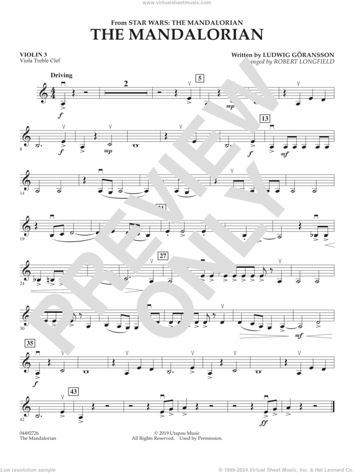 The Mandalorian (from Star Wars: The Mandalorian) (arr. Longfield) sheet music for orchestra (violin 3, viola treble clef) by Ludwig Göransson and Robert Longfield, intermediate skill level