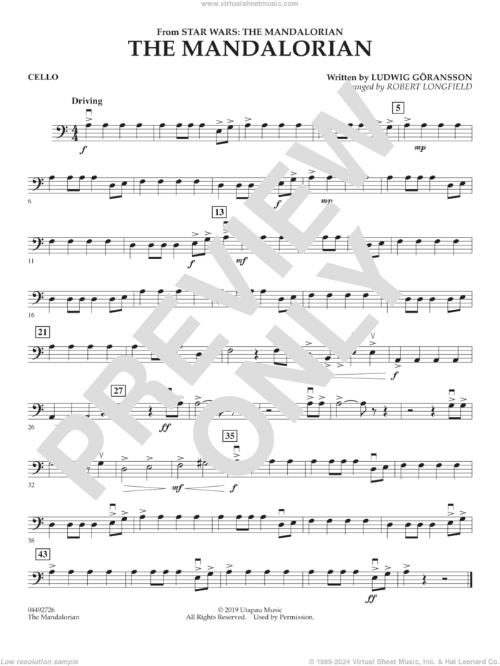 The Mandalorian (from Star Wars: The Mandalorian) (arr. Longfield) sheet music for orchestra (cello) by Ludwig Göransson and Robert Longfield, intermediate skill level