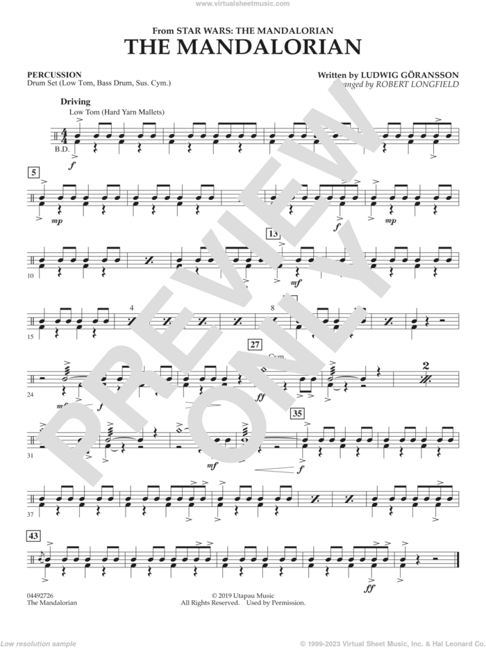 The Mandalorian (from Star Wars: The Mandalorian) (arr. Longfield) sheet music for orchestra (percussion) by Ludwig Göransson and Robert Longfield, intermediate skill level