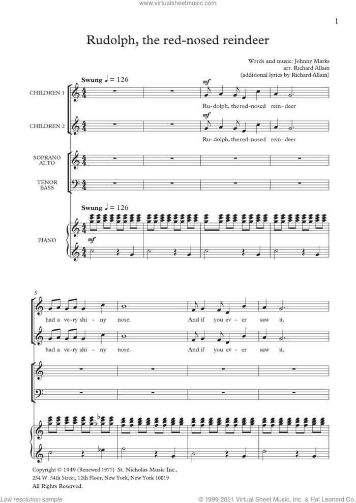 Rudolph The Red-Nosed Reindeer (arr. Richard Allain) sheet music for choir (SATB: soprano, alto, tenor, bass) by Johnny Marks and Richard Allain, intermediate skill level