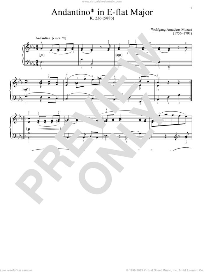 Andantino In E Flat sheet music for piano solo by Wolfgang Amadeus Mozart, classical score, intermediate skill level
