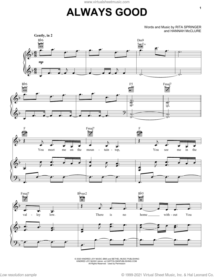 Always Good sheet music for voice, piano or guitar by Bethel Music & Hannah McClure, Hannah McClure and Rita Springer, intermediate skill level