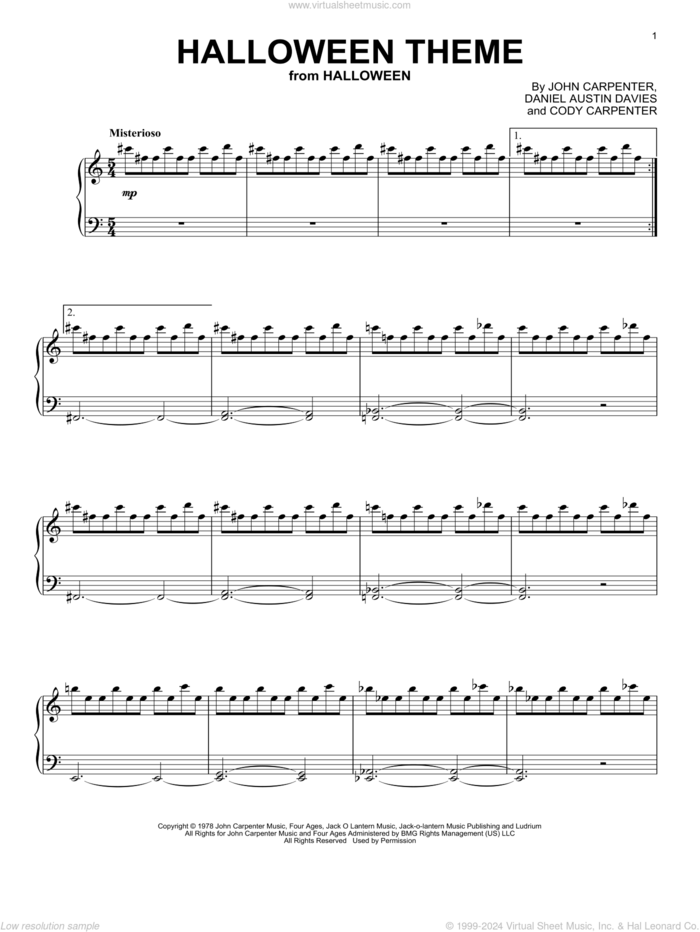 Halloween Theme sheet music for piano solo by John Carpenter, Cody Carpenter and Daniel Austin Davies, intermediate skill level
