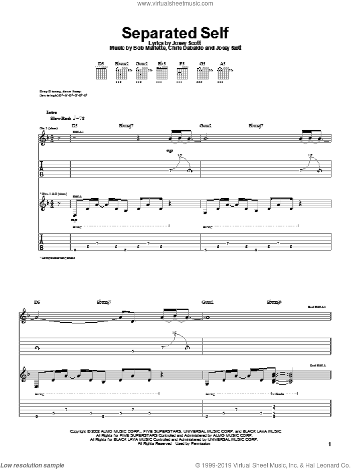 Separated Self sheet music for guitar (tablature) by Saliva, Bob Marlette, Chris Dabaldo and Josey Scott, intermediate skill level