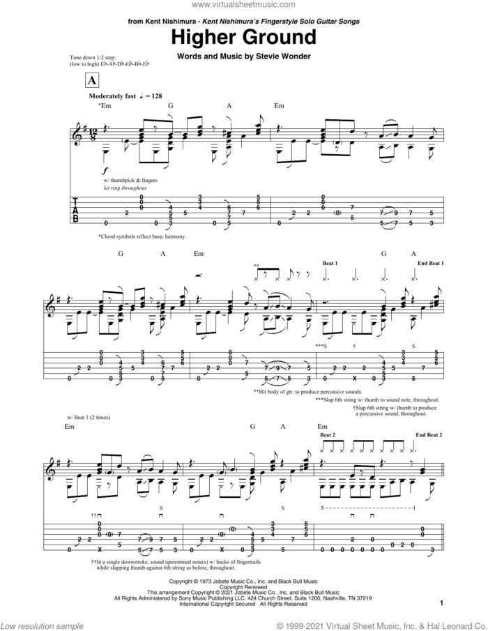 Higher Ground (arr. Kent Nishimura) sheet music for guitar solo by Stevie Wonder and Kent Nishimura, intermediate skill level