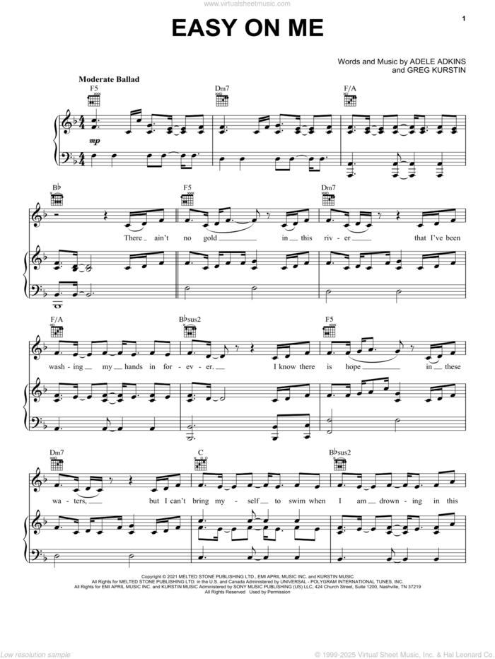 Easy On Me sheet music for voice, piano or guitar by Adele, Adele Adkins and Greg Kurstin, intermediate skill level