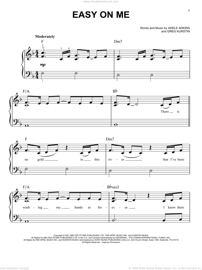 Easy On Me sheet music for piano solo by Adele, Adele Adkins and Greg Kurstin, easy skill level