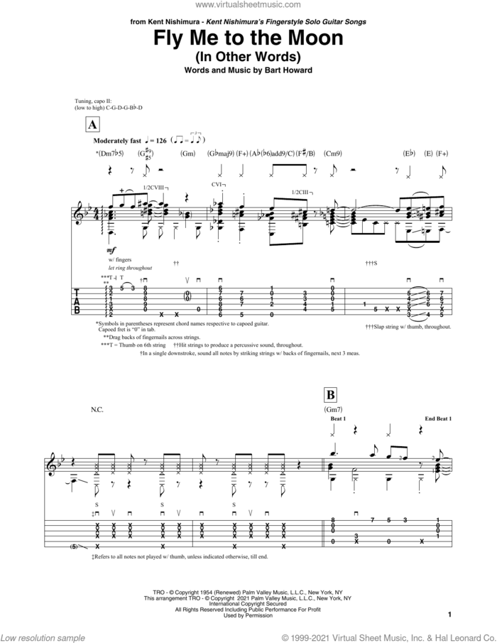 Fly Me To The Moon (In Other Words) (arr. Kent Nishimura) sheet music for guitar solo by Tony Bennett, Kent Nishimura and Bart Howard, wedding score, intermediate skill level