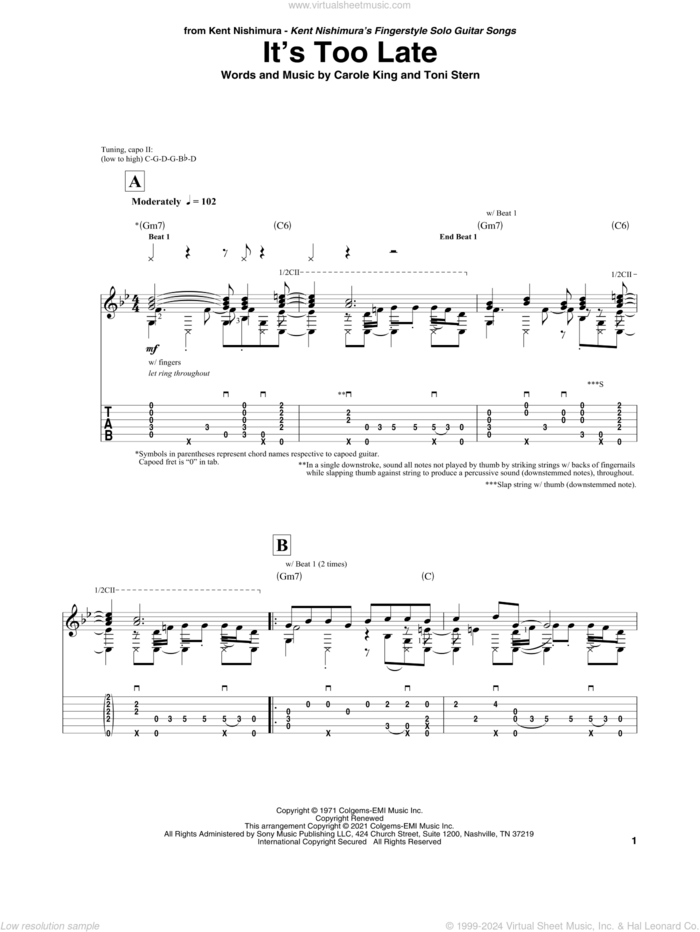 It's Too Late (arr. Kent Nishimura) sheet music for guitar solo by Carole King, Kent Nishimura and Toni Stern, intermediate skill level