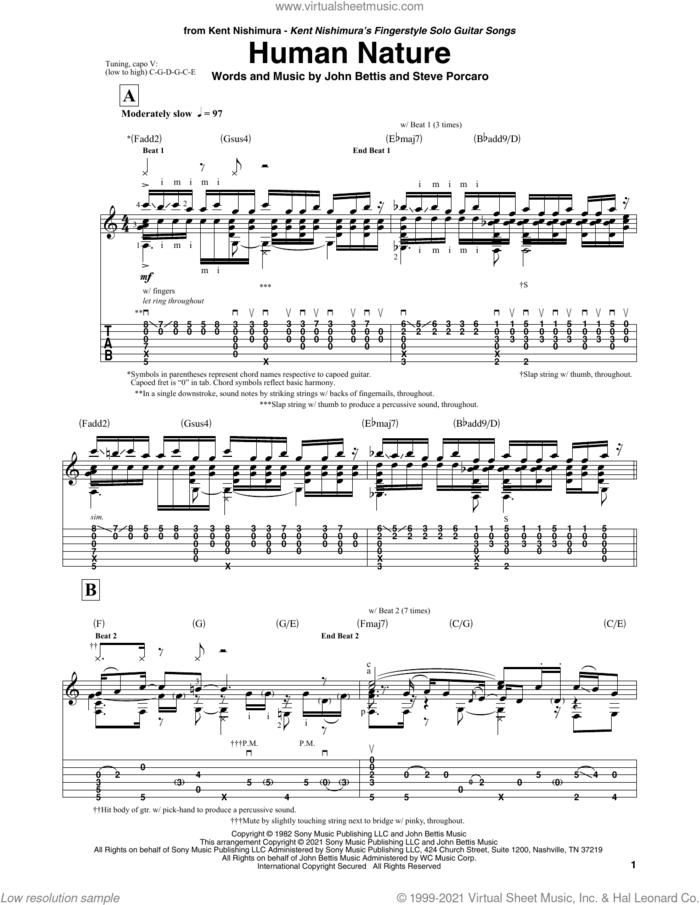 Human Nature (arr. Kent Nishimura) sheet music for guitar solo by Michael Jackson, Kent Nishimura, John Bettis and Steve Porcaro, intermediate skill level