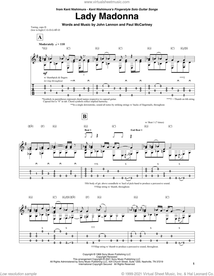 Lady Madonna (arr. Kent Nishimura) sheet music for guitar solo by The Beatles, Kent Nishimura, John Lennon and Paul McCartney, intermediate skill level