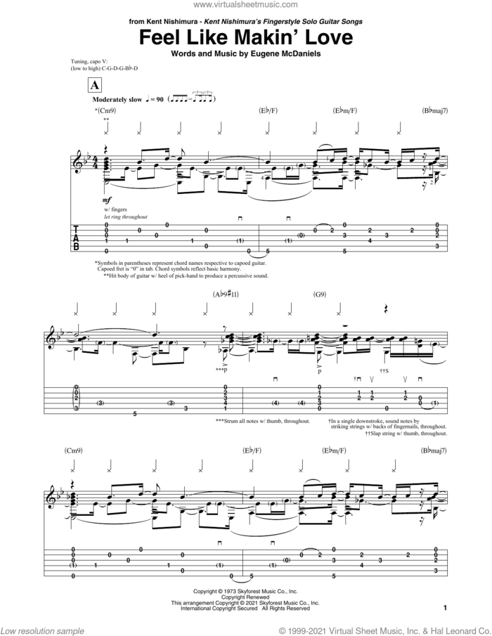 Feel Like Makin' Love (arr. Kent Nishimura) sheet music for guitar solo by Roberta Flack, Kent Nishimura and Eugene McDaniels, intermediate skill level
