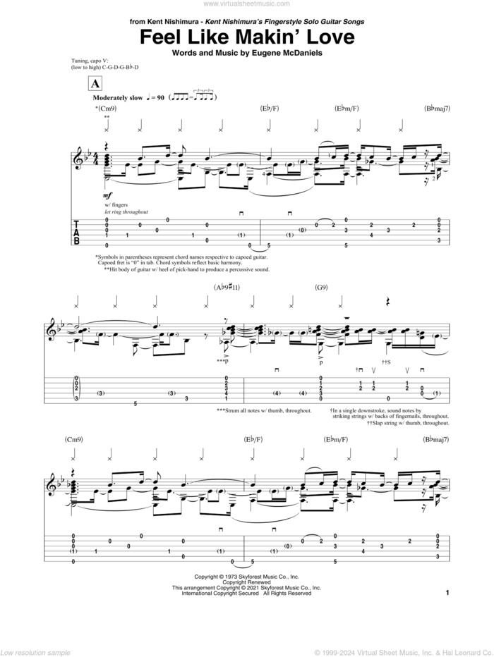 Feel Like Makin' Love (arr. Kent Nishimura) sheet music for guitar solo by Roberta Flack, Kent Nishimura and Eugene McDaniels, intermediate skill level