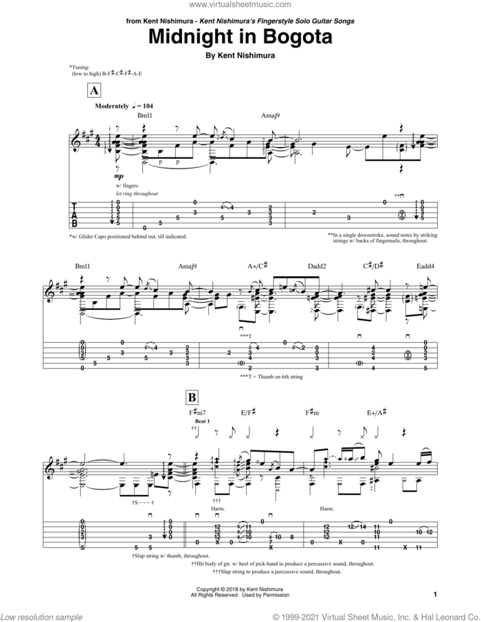 Midnight In Bogota sheet music for guitar solo by Kent Nishimura, intermediate skill level