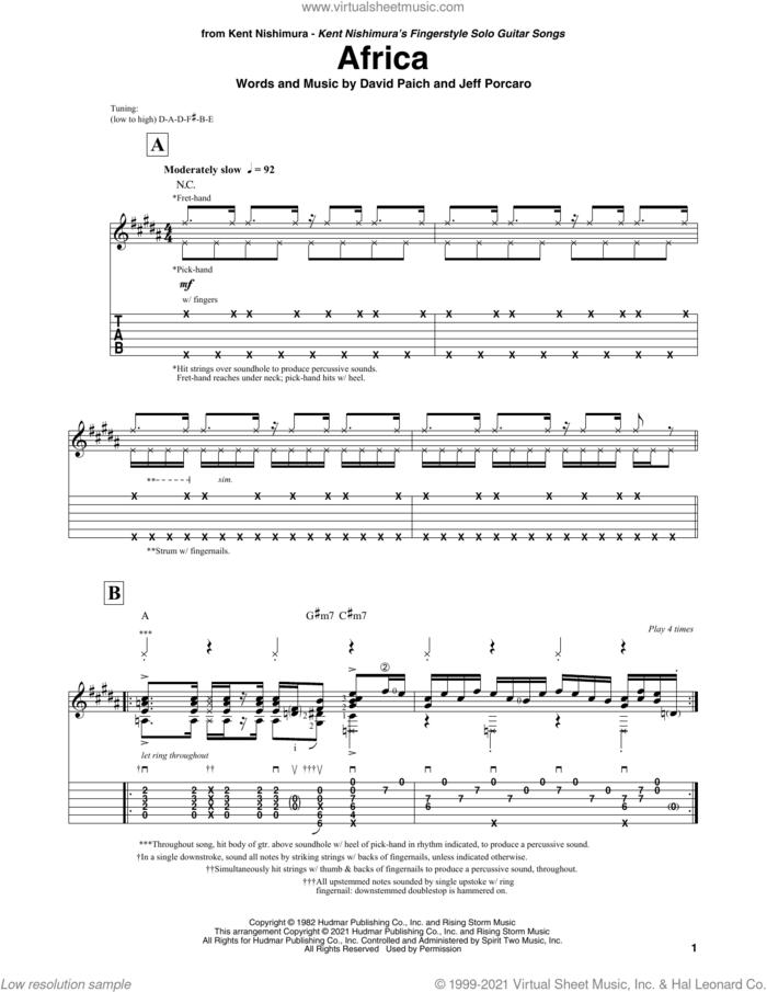 Africa (arr. Kent Nishimura) sheet music for guitar solo by Toto, Kent Nishimura, David Paich and Jeff Porcaro, intermediate skill level