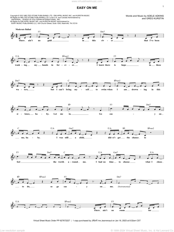 Easy On Me sheet music for voice and other instruments (fake book) by Adele, Adele Adkins and Greg Kurstin, intermediate skill level
