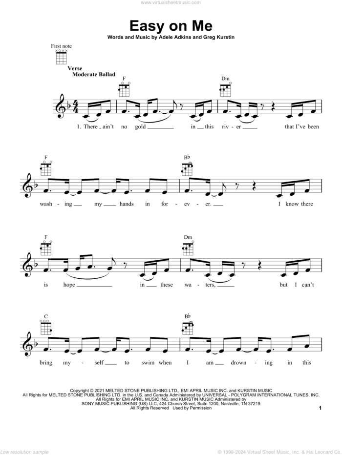 Easy On Me sheet music for ukulele by Adele, Adele Adkins and Greg Kurstin, intermediate skill level