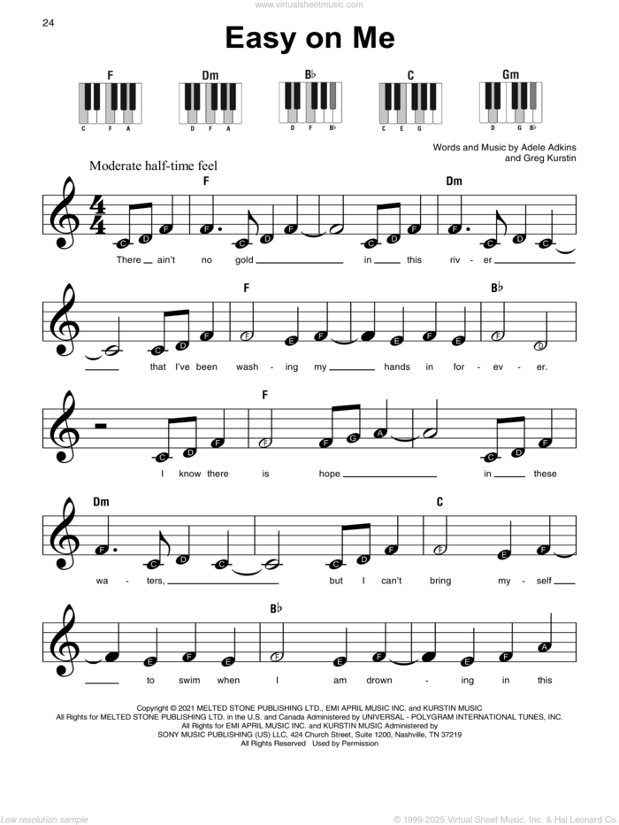 Easy On Me sheet music for piano solo by Adele, Adele Adkins and Greg Kurstin, beginner skill level
