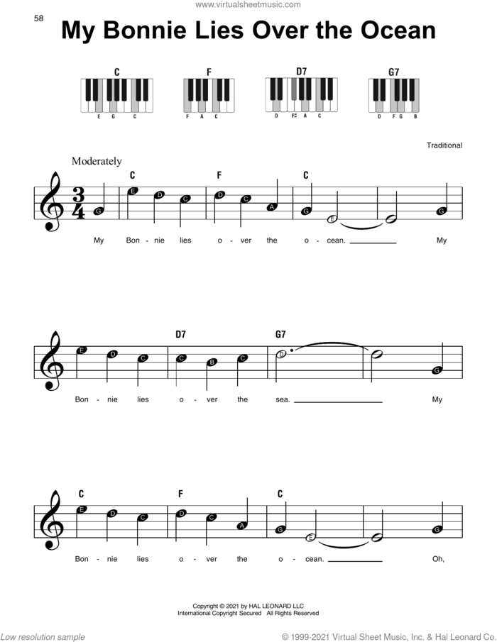 My Bonnie Lies Over The Ocean, (beginner) sheet music for piano solo, beginner skill level