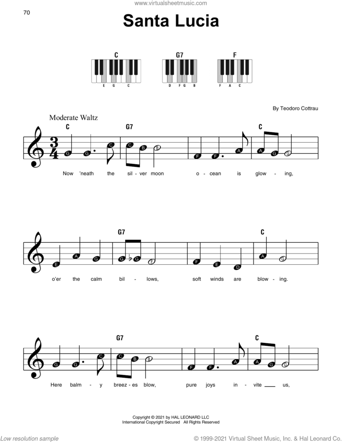 Santa Lucia, (beginner) sheet music for piano solo by Teodoro Cottrau, beginner skill level