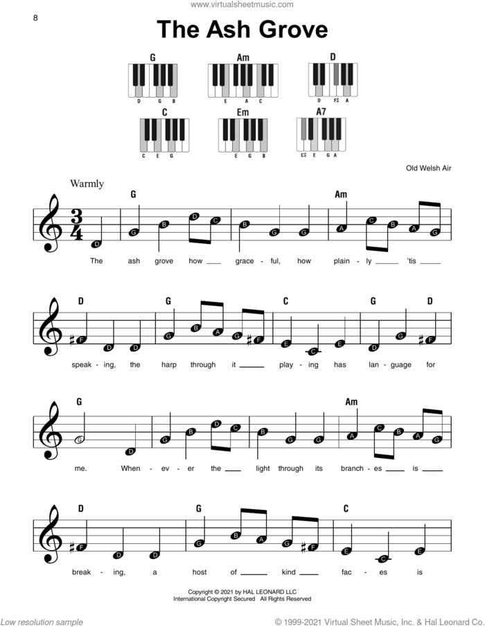 The Ash Grove sheet music for piano solo by Old Welsh Air, beginner skill level