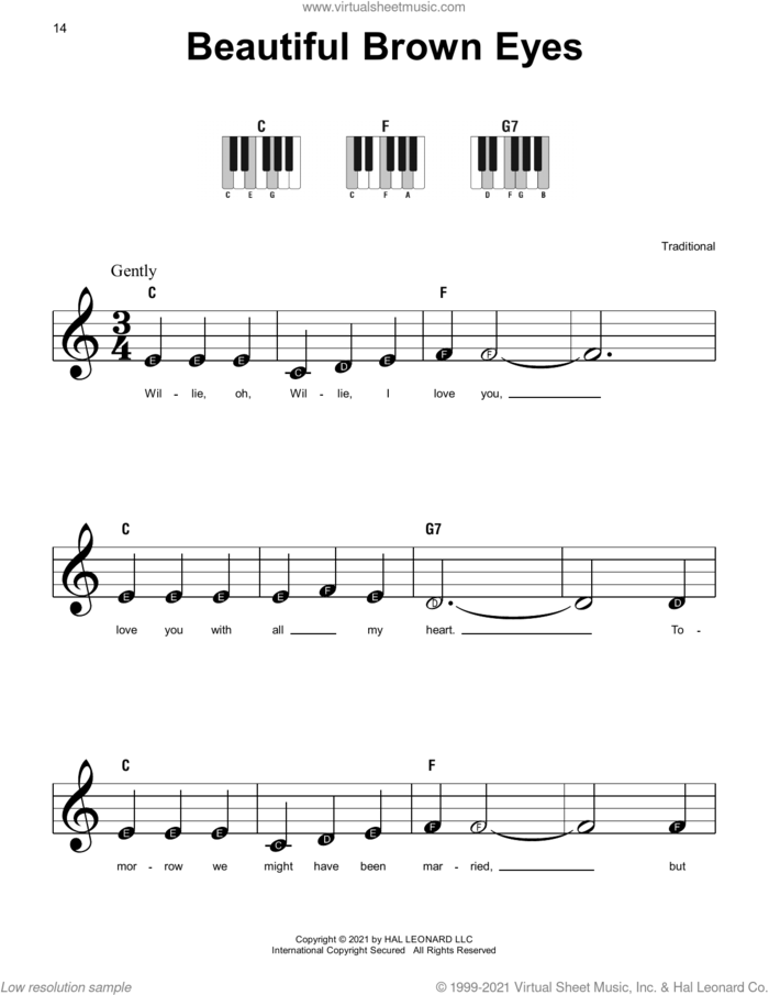 Beautiful Brown Eyes sheet music for piano solo, beginner skill level